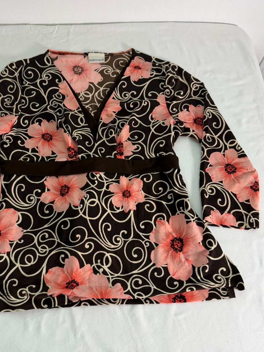 Fashion Bug Floral Wrap Top Women’s Large Pink Black V Neck 3/4 Sleeve Y2K